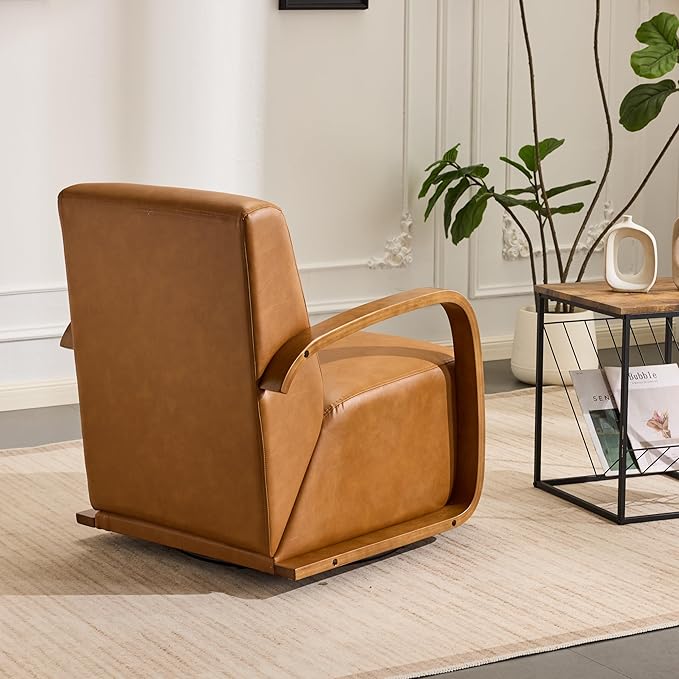 Swivel Accent Chair with Soild Wood Armrest, Modern Lounge Conversation Chair with Pillow, 360-Degree Rotation for Living Room, Office (PU Leather, Brown)