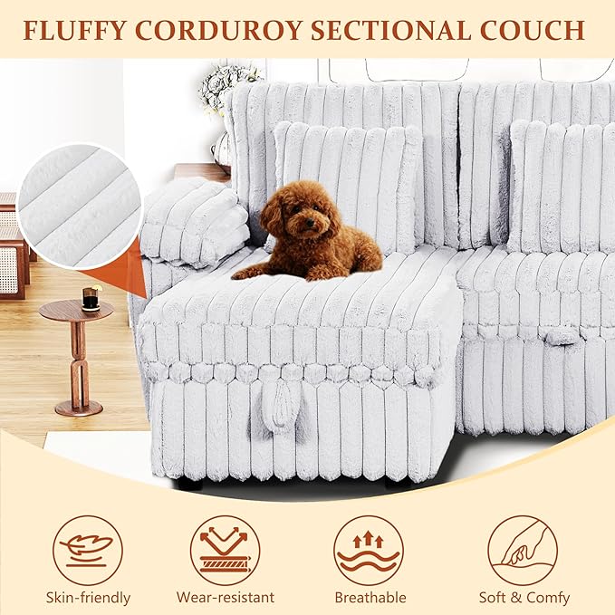 Modular Sectional Sleeper Sofa with Pull Out Bed, Storage Chaise & USB Charging, U Shaped Plush Corduroy Sectional Couches for Living Room, Comfy Convertible 7 Seat Cloud Sofa Bed, Grey
