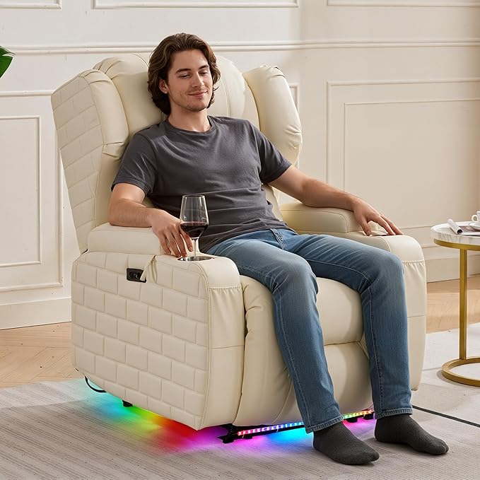 Wall Hugger Power Recliner Chair with Heat and Massage, Overstuffed Reclining Sofa Chair for Living Room Home Theater RV with 3-Side LED Lights/Cup Holders/USB & Type C Port (White)