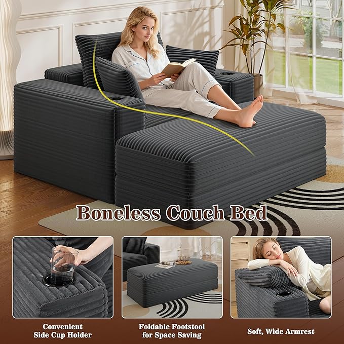 52" Boneless Chaise Lounge Chair Indoor — Oversized Cloud-Like Cozy Comfy Modular 3-in-1 Sofa Bed for Reading, Living Room & Bedroom Corduroy Couch Sleeper, Grey