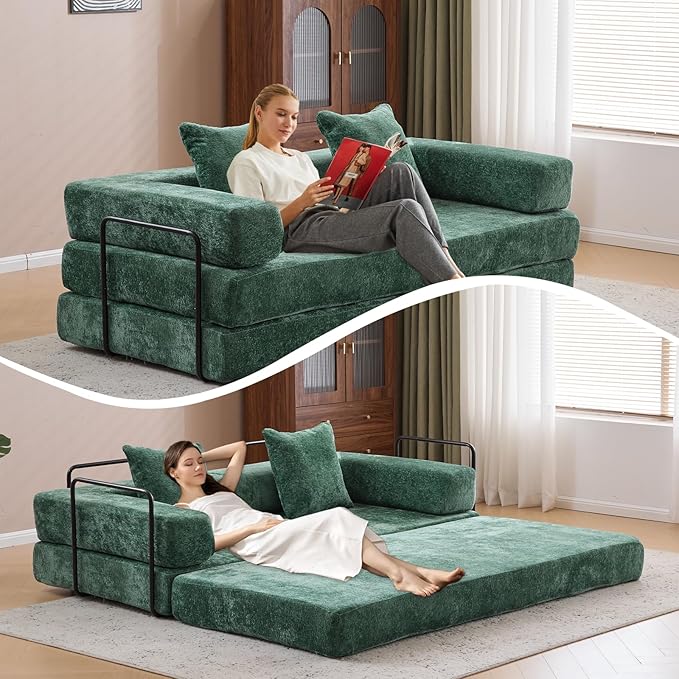 Floor Couch,Compression Sofa,Convertible Floor Sofa Bed-with Pillow Back Support Armrest,Comfy Futon Couch Lounge Sleeper Bed,Flannel Fabric,for Living Room Bedroom (Dark Green)