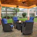 Belord 5 Pieces Patio Wicker Furniture Set - 4 Outdoor Swivel Rocker Glider Chairs with Propane Fire Pit Table, Warm Patio Conversation Set Blue Cushion Perfect for Casual Gathering