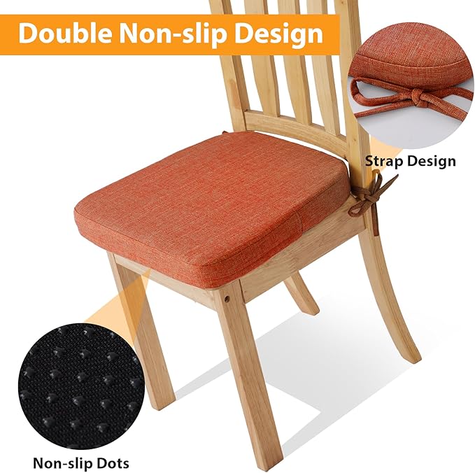 Ruqmuis Chair Cushions for Dining Chairs, 2" Thick Seat Cushions for Kitchen Chairs, D-Shaped Chair Pads with Washable Cover, Ties and Non Slip Backing, 17'' x 16'', Set of 2, Orange