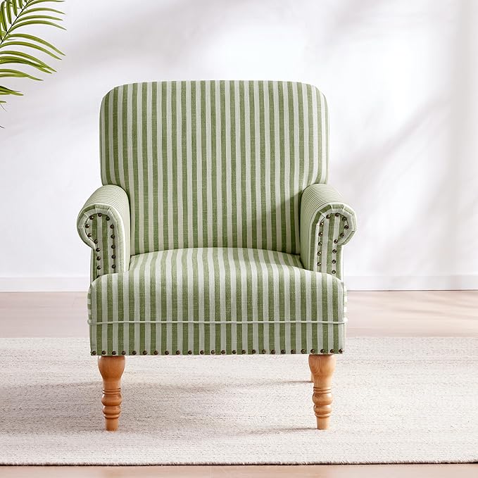 HUIMO Linen Fabric Accent Chair, Mid-Century Modern Armchair with Solid Wood Legs, Single Sofa Chair,Upholstered Reading Club Chair (1, Green and White Stripe)