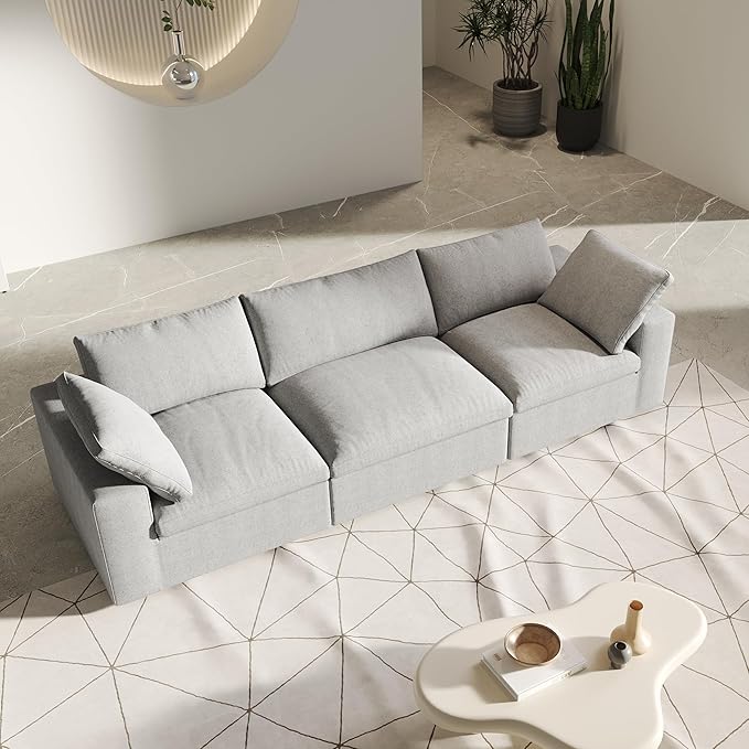 3 SeaterCloud Sectional Couch, Light Grey Modular Sectional Sofa, Modern Comfy Sofa, Covers Removable, Convertible Sleeper Couch for Living Room Apartment (Linen Fabric)