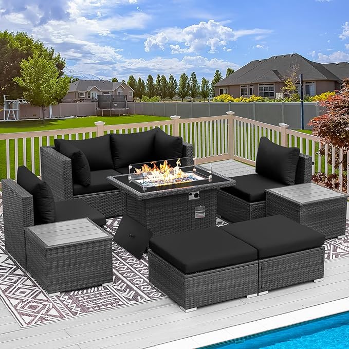 RADIATA 9 Piece Wicker Patio Furniture Set with Fire Pit, All-Weather Outdoor Sectional Couch High Back Large Size, Modular Backyard Seating Sofa Set with Propane/Natural Gas Firepit Table, Grey&Black