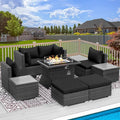 RADIATA 9 Piece Wicker Patio Furniture Set with Fire Pit, All-Weather Outdoor Sectional Couch High Back Large Size, Modular Backyard Seating Sofa Set with Propane/Natural Gas Firepit Table, Grey&Black
