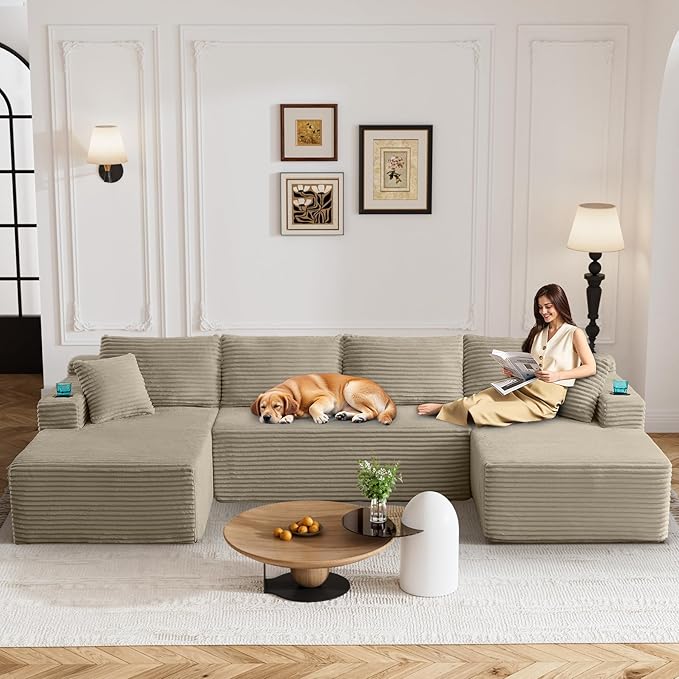 133" Oversized Cloud Boneless Sofa Couch with Chaise, Modern Corduroy U Shaped Modular Sectional Sofa with Deep Seat, Comfy Couch with Cupholders and Storage, No Assembly Required-Camel