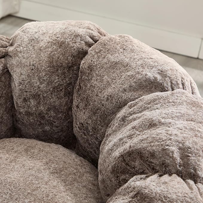 LukeAlon Faux Fur Bean Bag Chair with Filler & Petal Armrest - 44" Extra Large Fluffy Floor Sofa Chair for Adults - Soft Comfy Lounge Chair for Bedroom, Living Room, Game Room (Brown)
