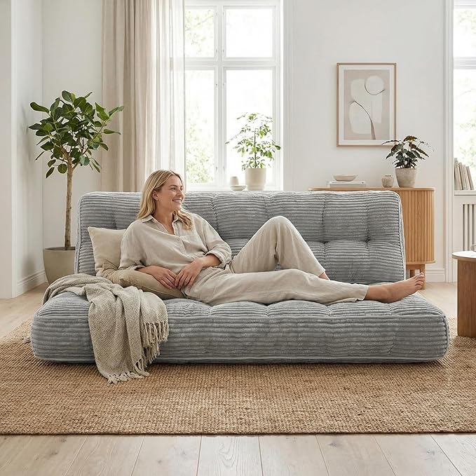 Vercraft 63 Inch Folding Bench Cushion, 4 Inch Thick 2-in-1 Convertible Long Floor Lounger Boneless Cushions Couch Mattress Upholstered for Yoga, Reading, Sleeping, Meditation Living Room(Light Grey)