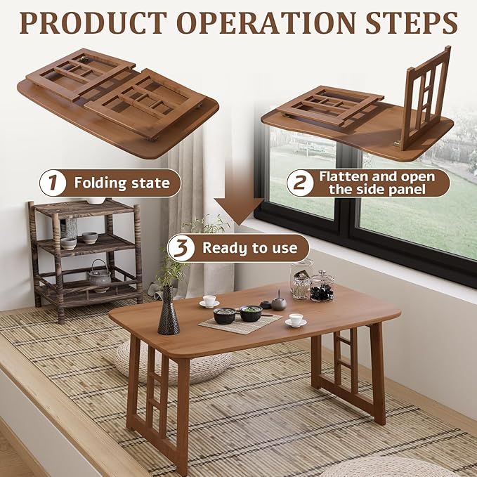 Folding Coffee Table, Foldable Japanese Floor Low Table Small Coffee Tables for Sitting On The Floor, No Assembly Portable Tea Table for Living Room Meditation Tea Room Tatami Zen Dining (Brown)