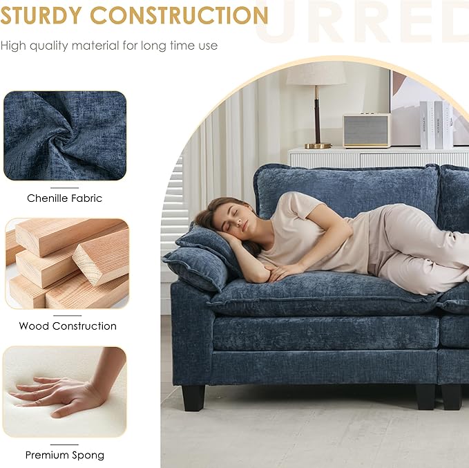 URRED Cloud Couch Modular Sectional Sofa, 87" Modern Loveseat Sofa with 2 Ottomans & Pillows, Ultra Comfy Chenille Couches for Living Room, Bedroom or Apartment, Blue
