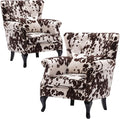 DM Furniture Set of 2 Mid-Century Modern Accent Chair, Velvet Armchair w/Tufted Back/Wood Legs, Upholstered Lounge Arm Chair Single Sofa for Living Room Bedroom, Cow Print