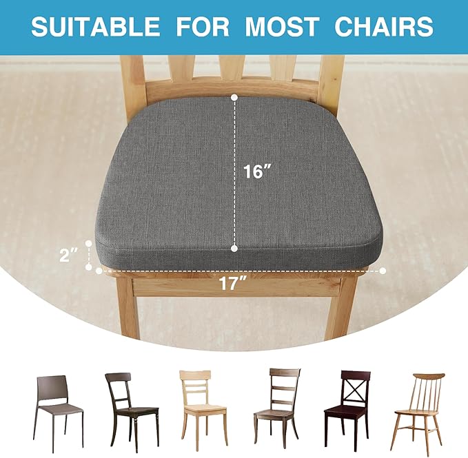 Chair Cushions for Dining Chairs Set of 6, Non Slip Kitchen Chair Pads, 17" x 16" x 2", Indoor Dining Chair Cushions with Ties, D-Shaped Seat Cushions for Kitchen Chairs, Dark Grey