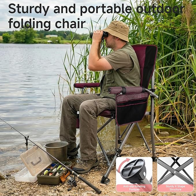 Folding Camping Chair with Cup Holder and Storage Bag, Heavy Duty Support 400 LBS, Oversized Collapsible Portable Camping Chair for Outdoor Camp, Picnic, Travel, Fishing Rose Red