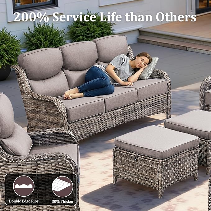 Pugire Luxury High Back Patio Furniture Set with Fire Pit Table & 6-Inch Thick Cushions, 4-Pieces Outdoor Furniture with Swivel Chairs, Wicker Conversation Set for Porch, Balcony, Deck and Yard