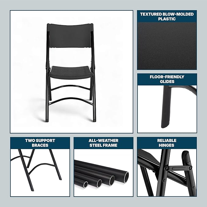 OEF Furnishings OEF600 Series High Back Folding Chairs, Blow-Molded Polyethylene Commercial-Grade Seating for Indoor and Outdoor Use, 500 lb Weight Capacity, 4-Pack (Black)