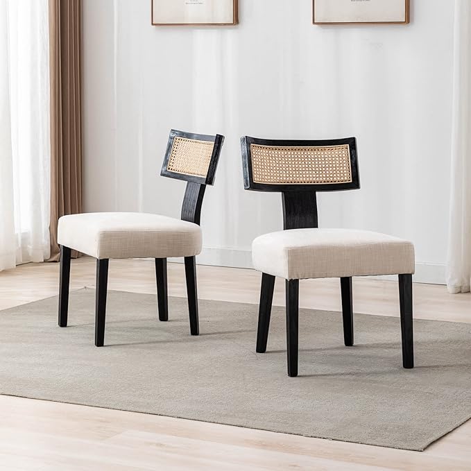 RIVOVA Rattan Dining Chairs Set of 6, Modern Dining Chair Kitchen Dining Room Chair, Curved Cane Back Upholstered Linen Fabric Dining Chair with Black Wood Frame, Beige