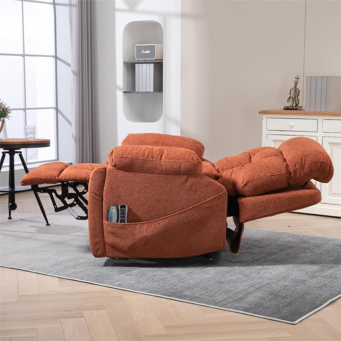 4-Motor Power Lift Recliner Chair for Elderly, Oversized Lay Flat Recliner with Heat and Massage, Adjustable Headrest Lumbar Heat Hidden Cup Holder for Big Man 400lbs (Orange Chenille)