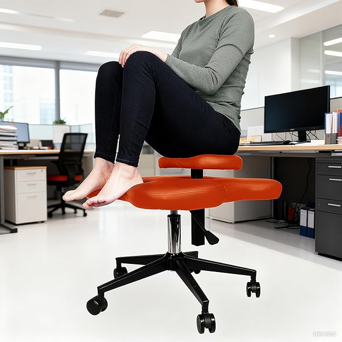 Ergonomic Cross-Legged kneeing Chair, 360° Swivel Meditation Seat for Office Home, Height Adjustable Posture Corrective Seat with Wheels, Criss Cross Yoga Chair for Reducing Back Pain (Orange)