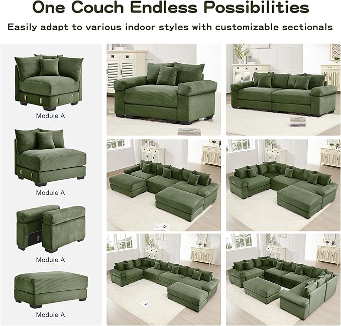 KEIKI 79" L-Shaped Oversized Corduroy Modular Cloud Sectional Sofa with High-Density Foam Cushion, Extra-Thick Armrest, Convertible 3-Seater Fluffy Corner Couch with 10 Pillow, for Living Room, Green