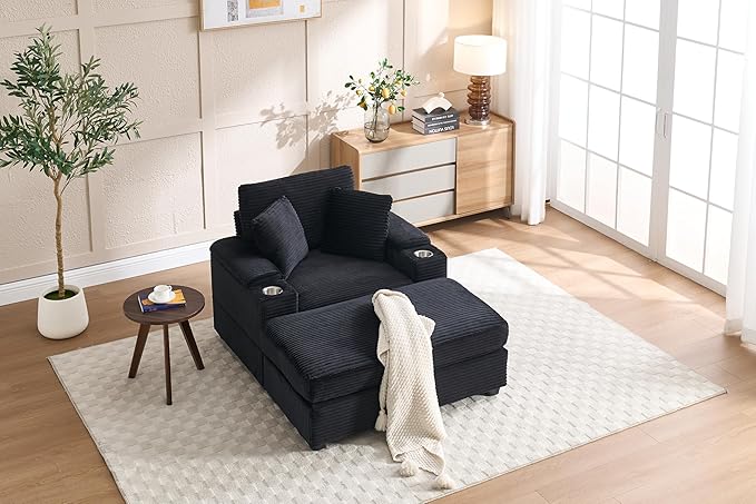 Wide Stripe Corduroy Chaise Lounge Sofa with Storage Handrail, Movable Ottoman, and Deep Seat, 5 Colors, Ideal for Living Room or Office Use