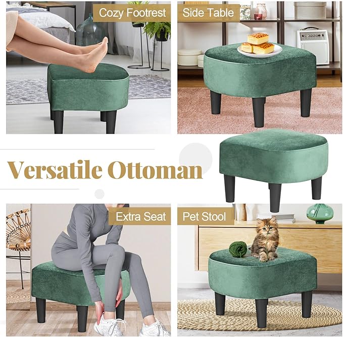 GOFLAME Accent Chair with Ottoman, Modern Velvet Fabric Barrel Chair with Footrest, Curved Backrest, Removable Seat Cushion, Upholstered Club Tub Sofa, Reading Armchair for Living Room, Bedroom, Green