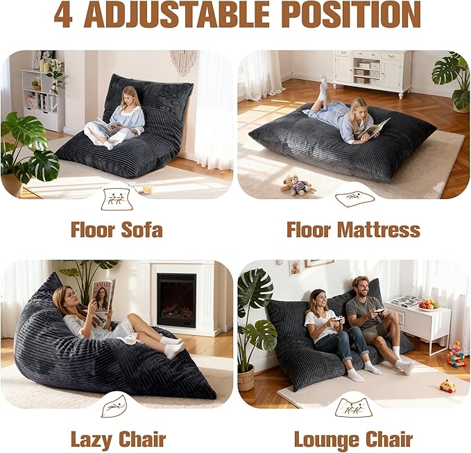 nalone 4-in-1 Giant Bean Bag Chair for Adults, 6.4 FT Memory Foam Filled Beanbag Chair, Floor Sofa Bed with Fluffy Washable Flannel Cover, Lounge Couch for Bedroom, Living Room (Grey)
