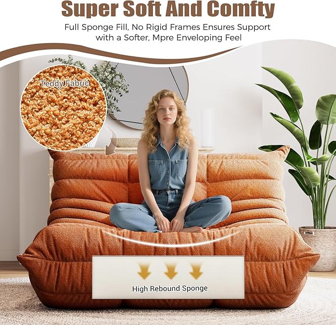 Selyteramy Bean Bag Chairs for Adults, Giant Bean Bag Chair Sofa with Memory Foam, Comfy Beanbag Loveseat Lazy Sofa for Living Room, Bedroom, Apartment, Orange