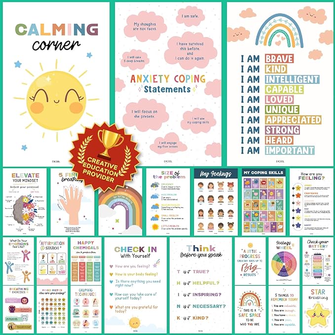 EXCOOL CLUB 24 Calming Corner Posters For Classroom Decor - Feelings Chart For Kids Ages 4-8, Feelings Poster Calm Down Corner Supplies, Elementary Classroom Must Haves For Teacher (11x17)