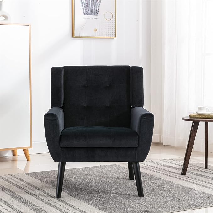 OO BY ORANGE ONLINE Velvet Accent Chair, Mid-Century Modern Tufted Armchair for Living Room, Bedroom & Office (Black)