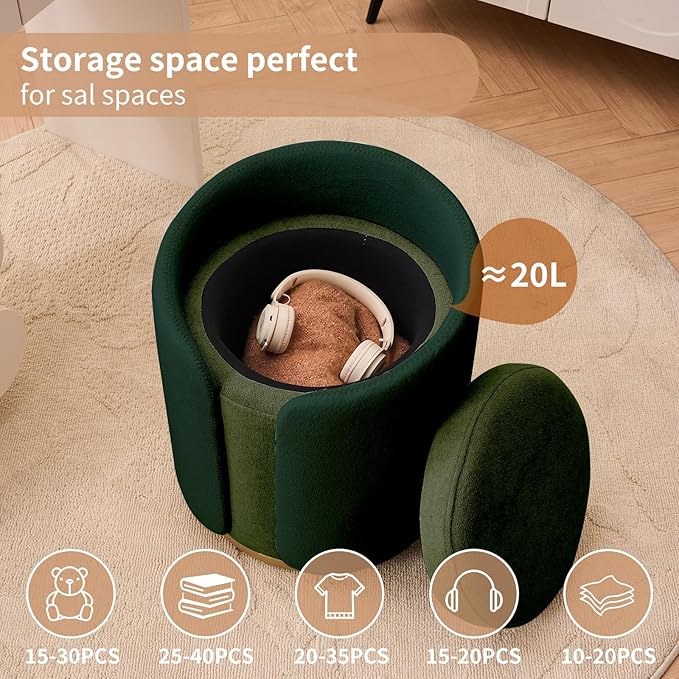 Vanity Chair with Storage, Round Velvet Vanity Stool No Wheels, Swivel Ottoman Chair with Upholstered for Women, Makeup Chair Accent Stool for Living Room, Bedroom, Gold Base, Green