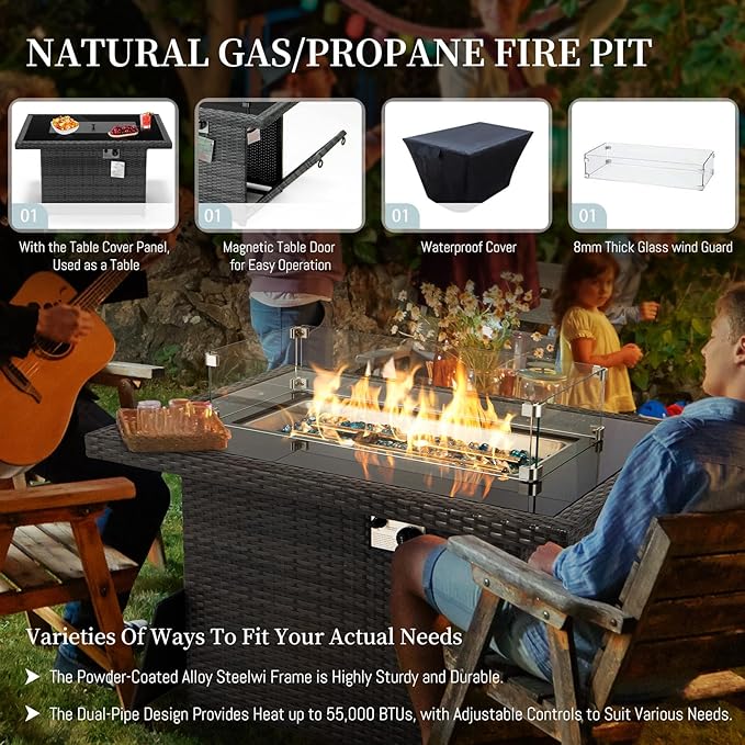 RADIATA 9 Piece Wicker Patio Furniture Set with Fire Pit, All-Weather Outdoor Sectional Couch High Back Large Size, Modular Backyard Seating Sofa Set with Propane/Natural Gas Firepit Table, Grey&Blue