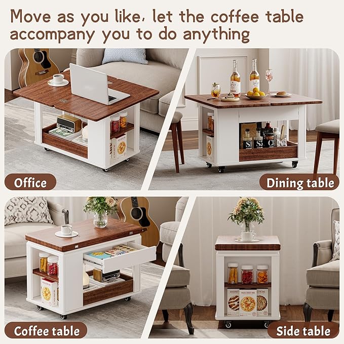 27.6" Modern Multi-Function Coffee Table with Foldable Top & Casters,Side Table with Multi-Tier Storage,White & Walnut