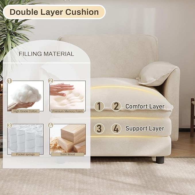 DAMAIFROM Oversized Chaise Lounge Chair Indoor with Ottoman, Firm Solid Wood Frame with Long Service Life Chenille Oversized Lounge Reading Chair for Study Room - Beige White