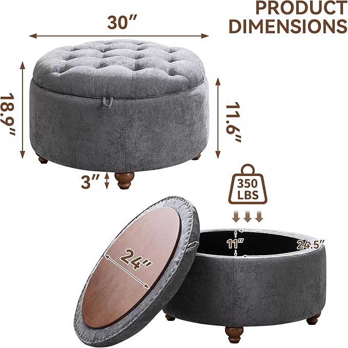 WUTUTUEE 30Inch Round Storage Ottoman with Tray, Modern Tufted Circle Coffee Table with Storage, Upholstered Ottoman with Removable Top for Living Room, Bedroom, Chenille Blue