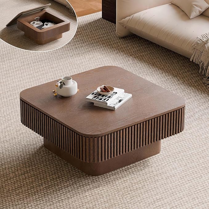 FGXJY Square Small Coffee Table with Storage, Modern Wooden Coffee Table with Solid Wood Veneered, Fluted Center Table Drum Tea Table for Living Room Apartment, 31.5''L×31.5''W×14''H