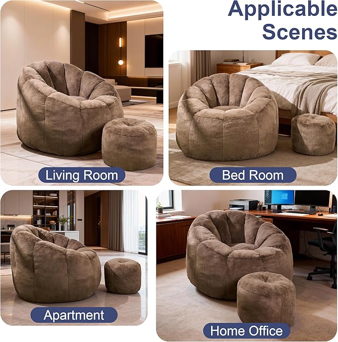Pumpkin Shaped Bean Bag Chair with Ottoman, Gaint Bean Bag Chair for Adults, Faux Rabbit Fur Comfy BeanBag Floor Sofa Chair for Reading, Playing, Relaxing, Brown