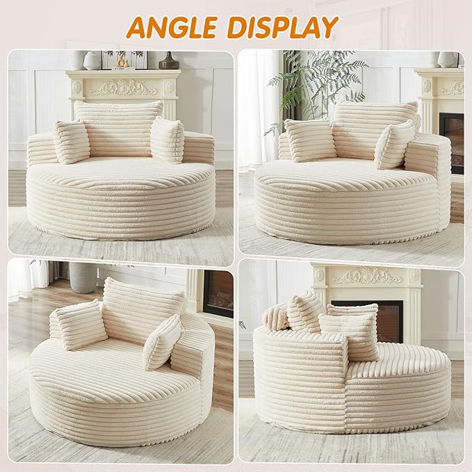 55"W Oversized Round Chair Lounge Chaise Indoor, Upholstered Comfy Circle Sofa Armchair, Modern Cozy Boneless Foam Floor Reading Chair for Living Room, Bedroom, No Assembly Required(Corduroy, Beige)