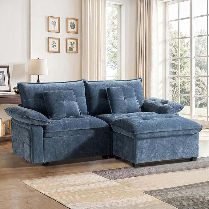PALLOME 82" Deep Seat Comfy Cloud Couch, Modular Sectional Sofa with Movable Ottoman, L Shaped Chenille Sofa for Small Space, Modern Apartment Living Room & Office (Blue, 2-Seat + Ottoman)
