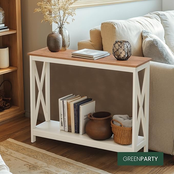 GREEN PARTY Vintage Farmhouse Entryway Console Table, 2-Tier Narrow Sofa Table with Storage Shelf for Living Room and Hallway, Rustic Accent Furniture with Sturdy X-Shaped Legs, Ivory White