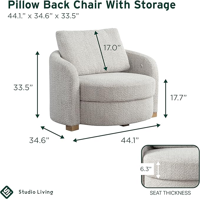 Studio Living® Manchester 44.1" Storage Chair, Modern Farmhouse, Pocket Coil Comfort, USB A & C Power, Easy Assembly, Boucle Fabric, Ivory