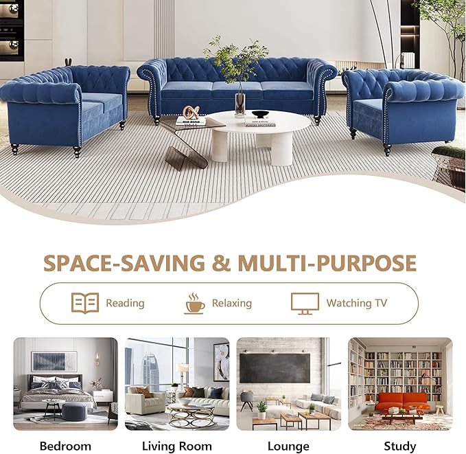 QHITTY Accent Large Sofa, Chesterfield Couch 3 Seater Modern Velvet Couch Upholstered Sofa with Tufted Back for Living Room Furniture (Blue)
