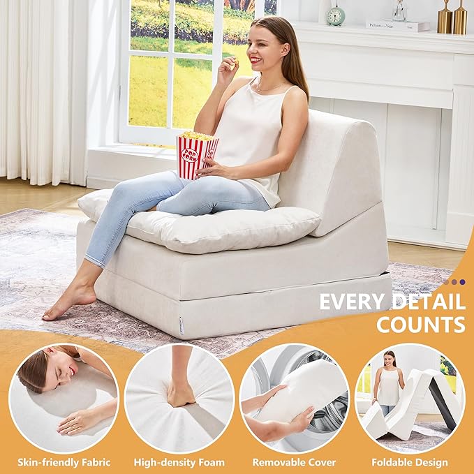 Hobestluk Sofa Couch Folding Sofa Bed Comfy Floor Lounger Convertible Sofa with Removable Cushion Couches for Small Spaces Foldable Mattress for Living Room Bedroom or Office (Chenille Beige, Large)
