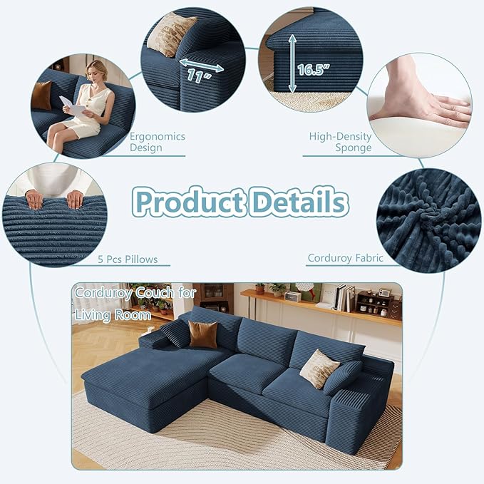 107" Cloud Sectional Couch with L-Shape Chaise, Modern Corduroy Viral Boneless Sofa for Living Room,Memory Foam Couches in a Box with Deep Seat,No Assembly Required (Blue,Left-Facing Chaise)