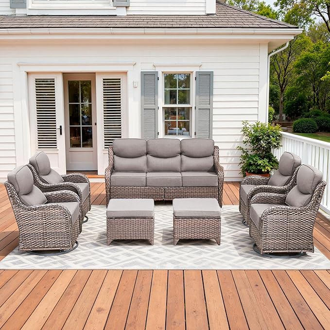 Pugire Luxury High Back Patio Furniture Set with 6-Inch Thick Cushions, 7-Pieces Outdoor Furniture with Swivel Chairs, Wicker Conversation Set for Porch, Balcony, Deck and Yard, Brown/Grey