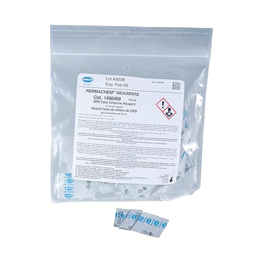 Hach DPD Total Chlorine Reagent Powder Pillows, 25 mL, Pack of 100, Ranges LR: 0.02-2.00 mg/L ; MR: 0.05-4.00 mg/L ; HR: 0.1-10.0 mg/L Cl₂, USEPA Accepted Method 8167, Water Analysis, 1406499