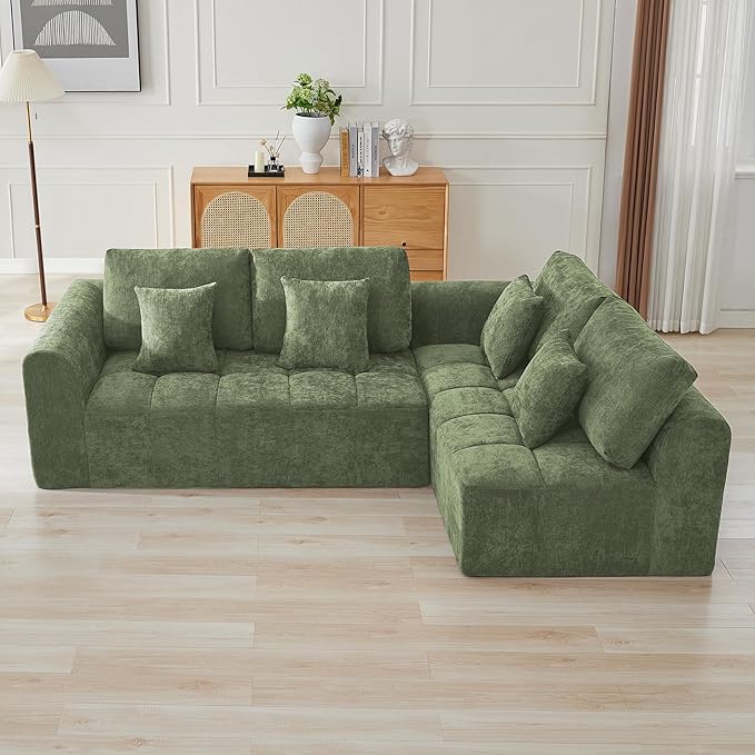 110''Modular Sectional Couches for Living Room, Cloud Boneless Compressed Sofa Right Facing Chaise, Oversized L Shaped 4 Seater Memory Foam Sofa, No Assembly, Chenille Green