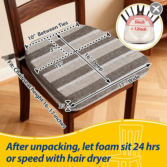 AAAAAcessories D-Shaped Chair Cushions, 2" Thick Dining Chair Pads with Ties and Removable, Machine-Washable Cover, 17" x 16", Set of 6, Boldstripes Chocolate/Beige