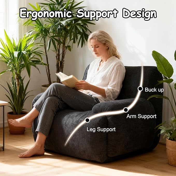 Boneless Chair, 42" W Oversized Single Sofa Chair for Living Room, Chenille Cloud Comfy Chairs, Foam Couch Armchair for Bedroom, Apartment, Office. Reading, No Assembly(Black)